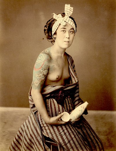 Tattooed Japanese Woman (Hand Coloured Photo) by Unknown